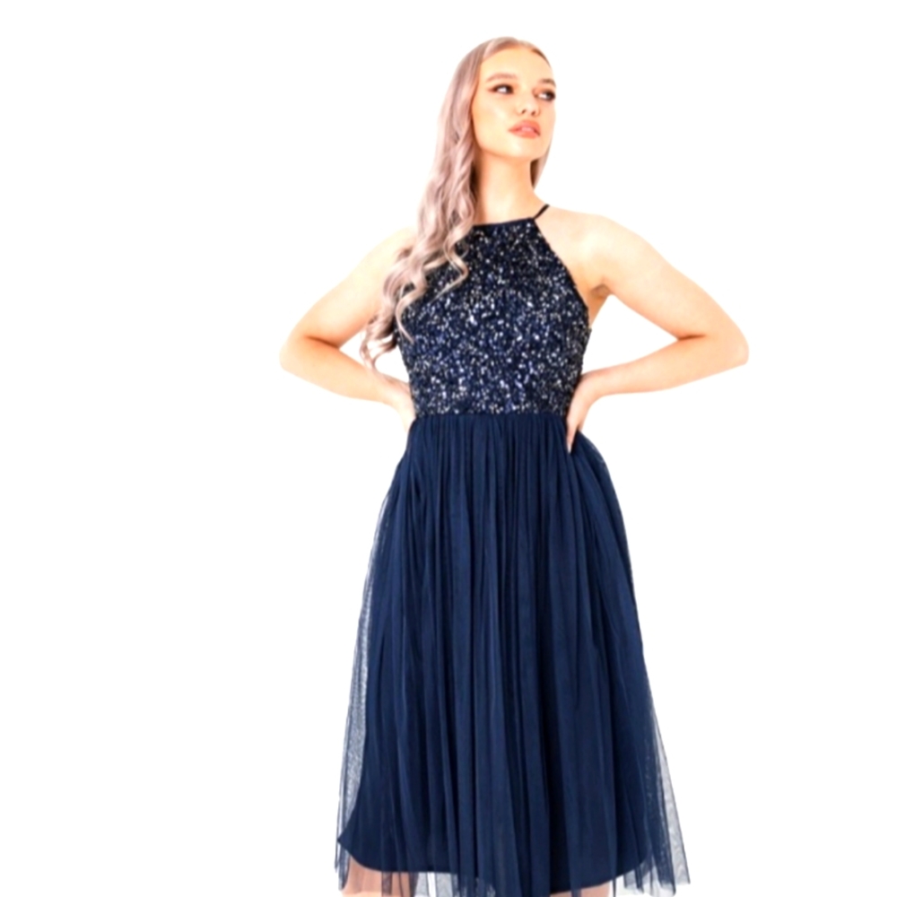 NWT Maya Deluxe Navy Embellished Halter Neck Midi Dress. - Picture 1 of 3